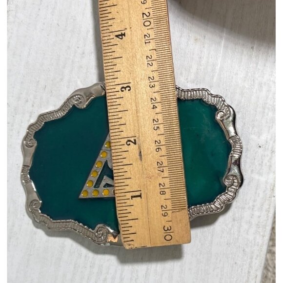 Vintage Silver Toned Belt Buckle Green Enamel & Yellow Accents Triangle with "S" - Picture 4 of 4
